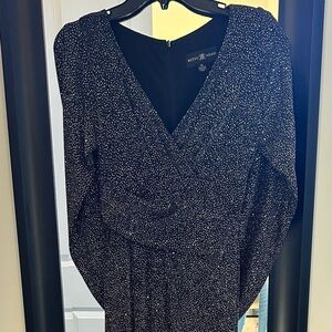 Betsy & Adam Black Sequence Cape Dress